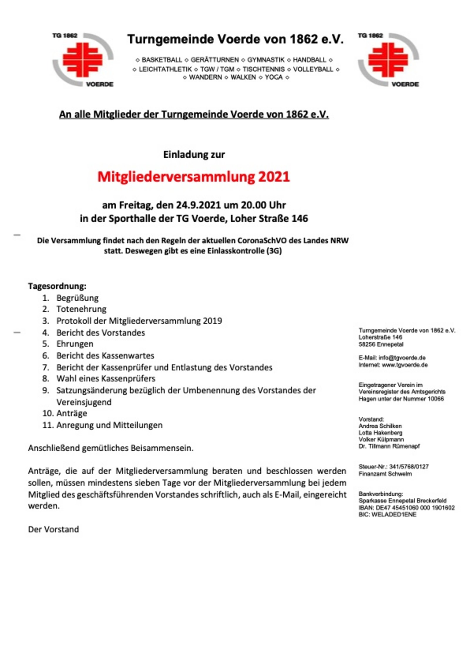 Einladung zur Mitgliederversammlung 2021 (Hauptverein)